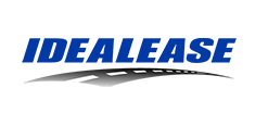 A blue and gray logo for idealease with a road in the background.