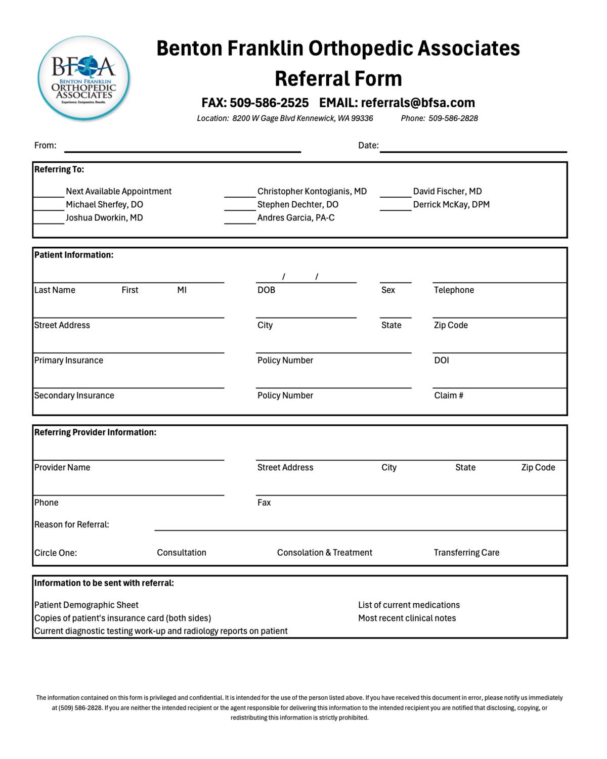 A Benton Franklin Orthopedic Associates referral form
