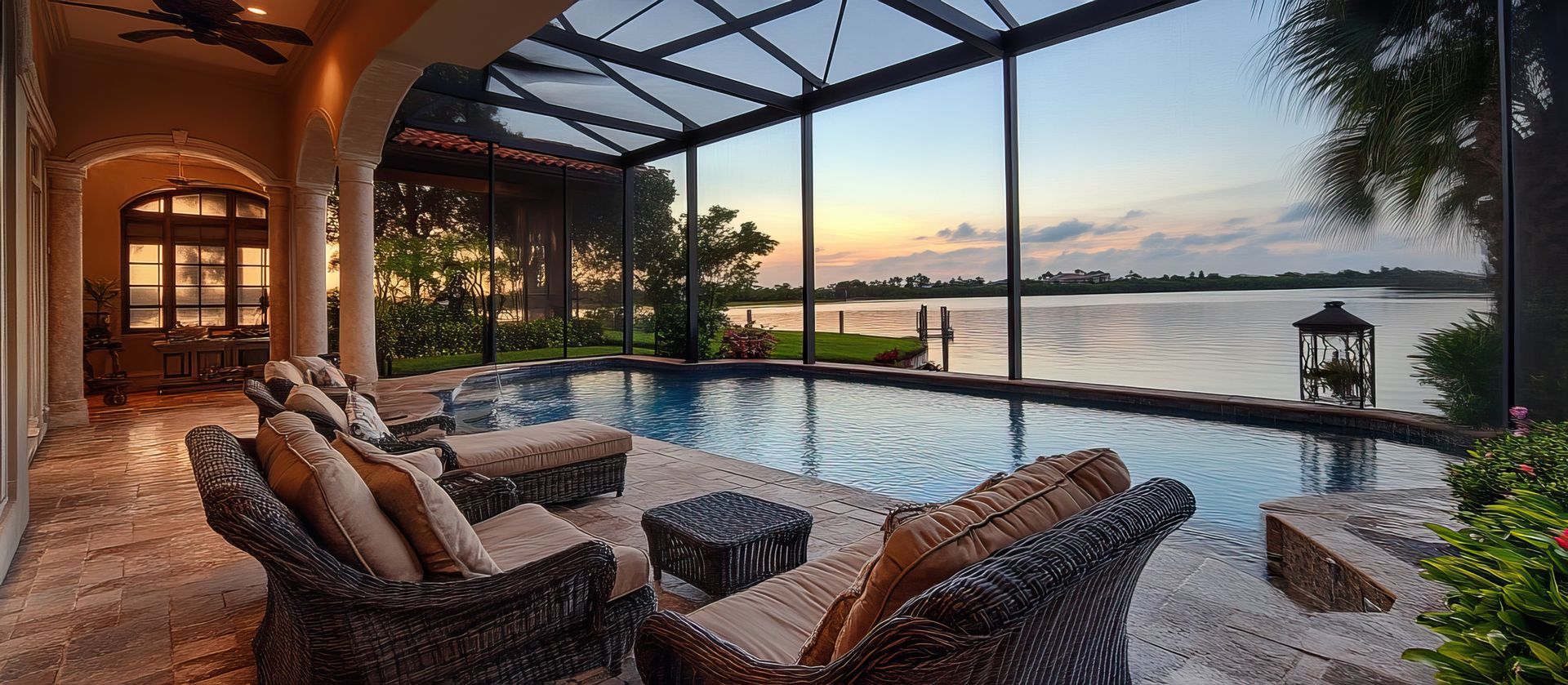 Luxury patio with wicker furniture overlooking a swimming pool and sunset lake view through a screened enclosure. Luxury patio with wicker furniture overlooking a swimming pool and sunset lake view through a screened enclosure.