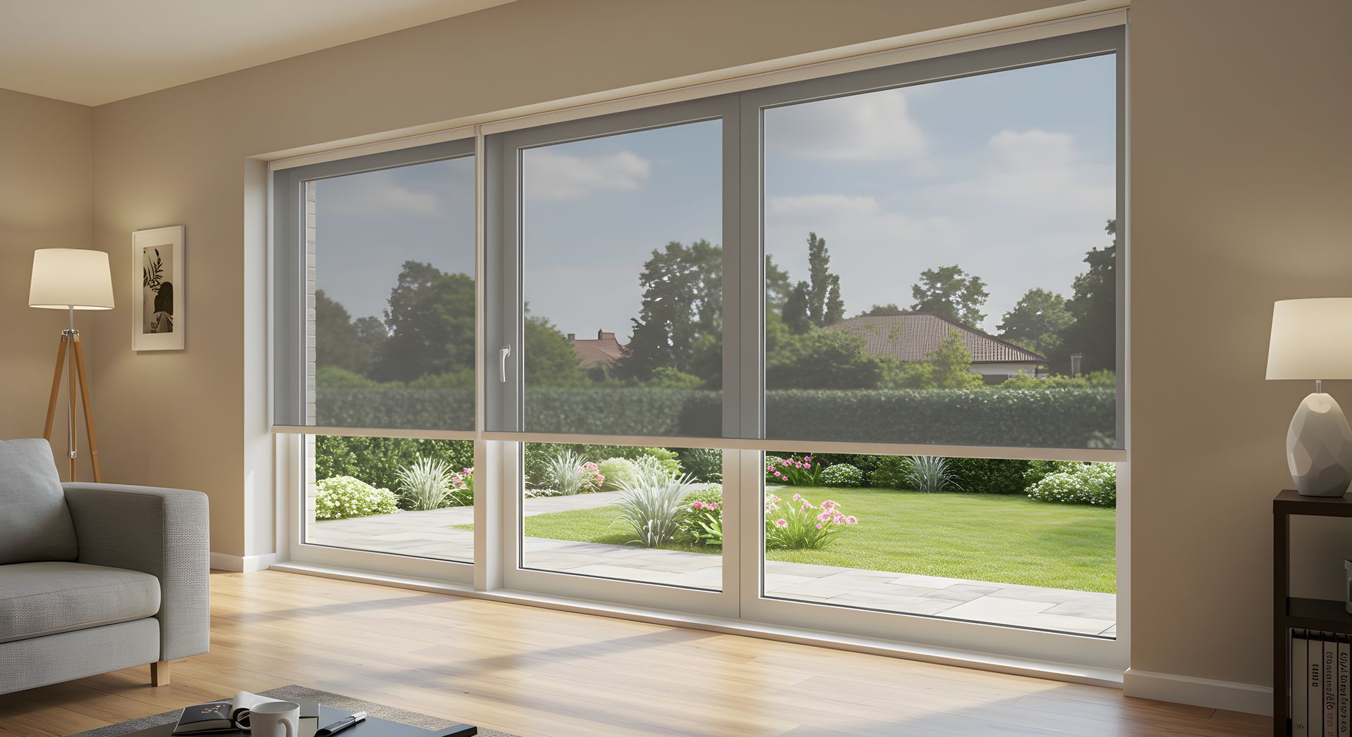 A living room with light walls and wood floors, featuring large windows with partially lowered grey roller blinds.