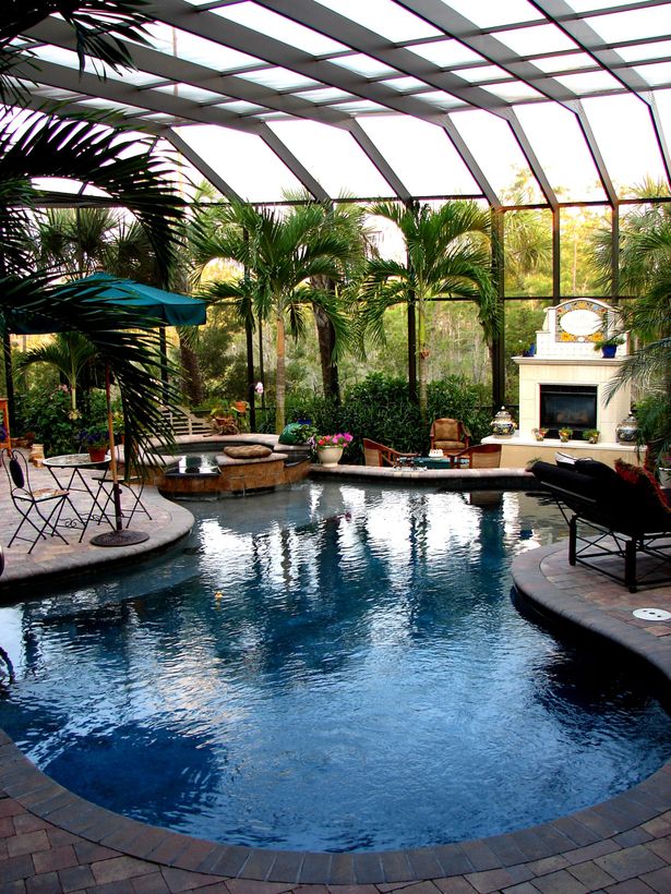 Indoor swimming pool with a fireplace, patio furniture, and palm trees under a glass-enclosed structure.