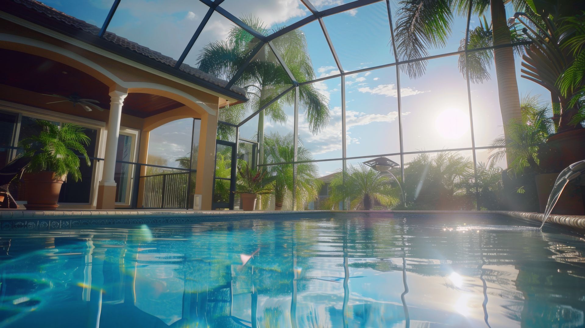 A sunlit swimming pool inside a screened-in lanai with palm trees visible in the background. A sunlit swimming pool inside a screened-in lanai with palm trees visible in the background.