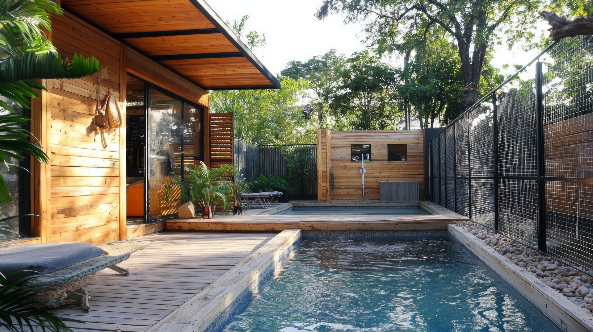 A small, modern wooden cabin next to a swimming pool in a lush, sunny outdoor area with a wooden deck and privacy fence.