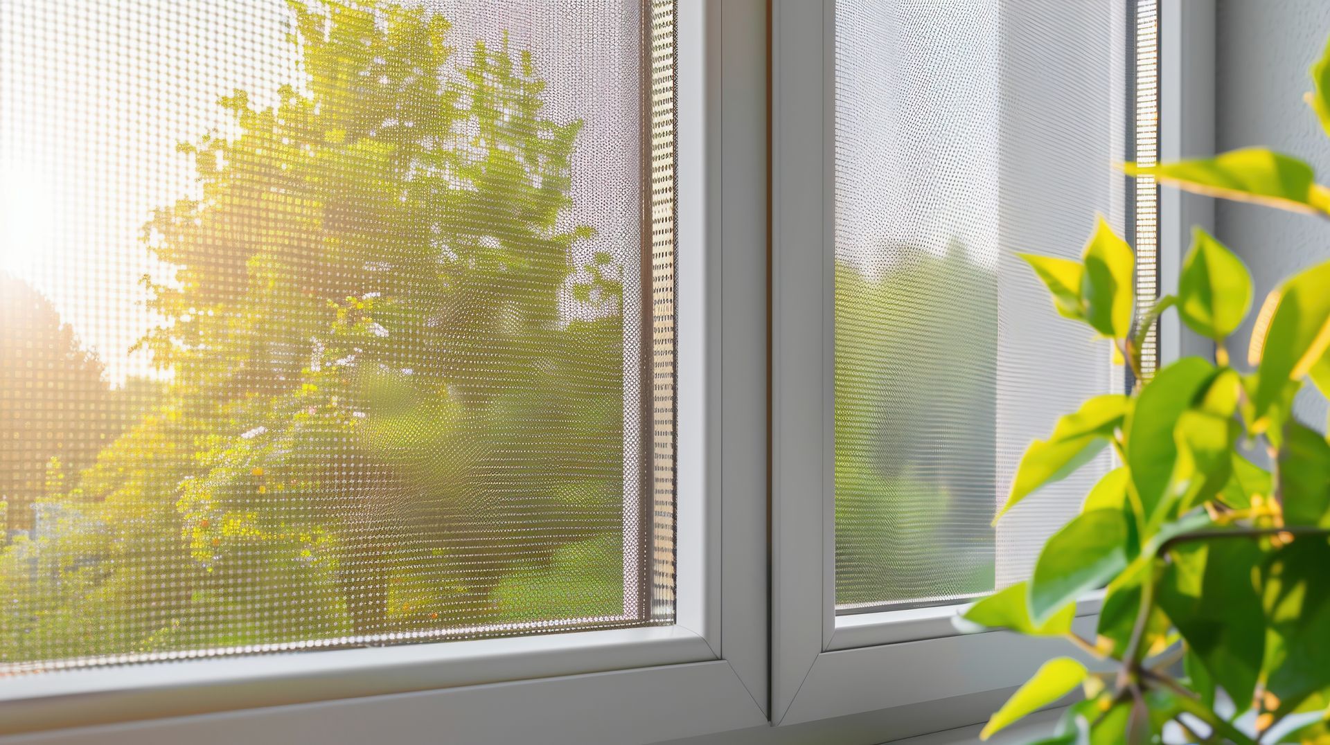 A view through a white-framed window with a mesh screen, showing sunlit trees outside and a green plant in the foreground.