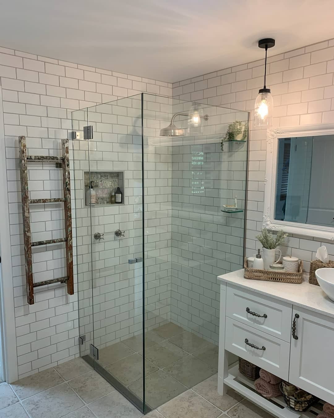 A Bathroom With a Walk in Shower , Sink , Mirror and Ladder — Nambucca Glass in Nambucca Heads, NSW