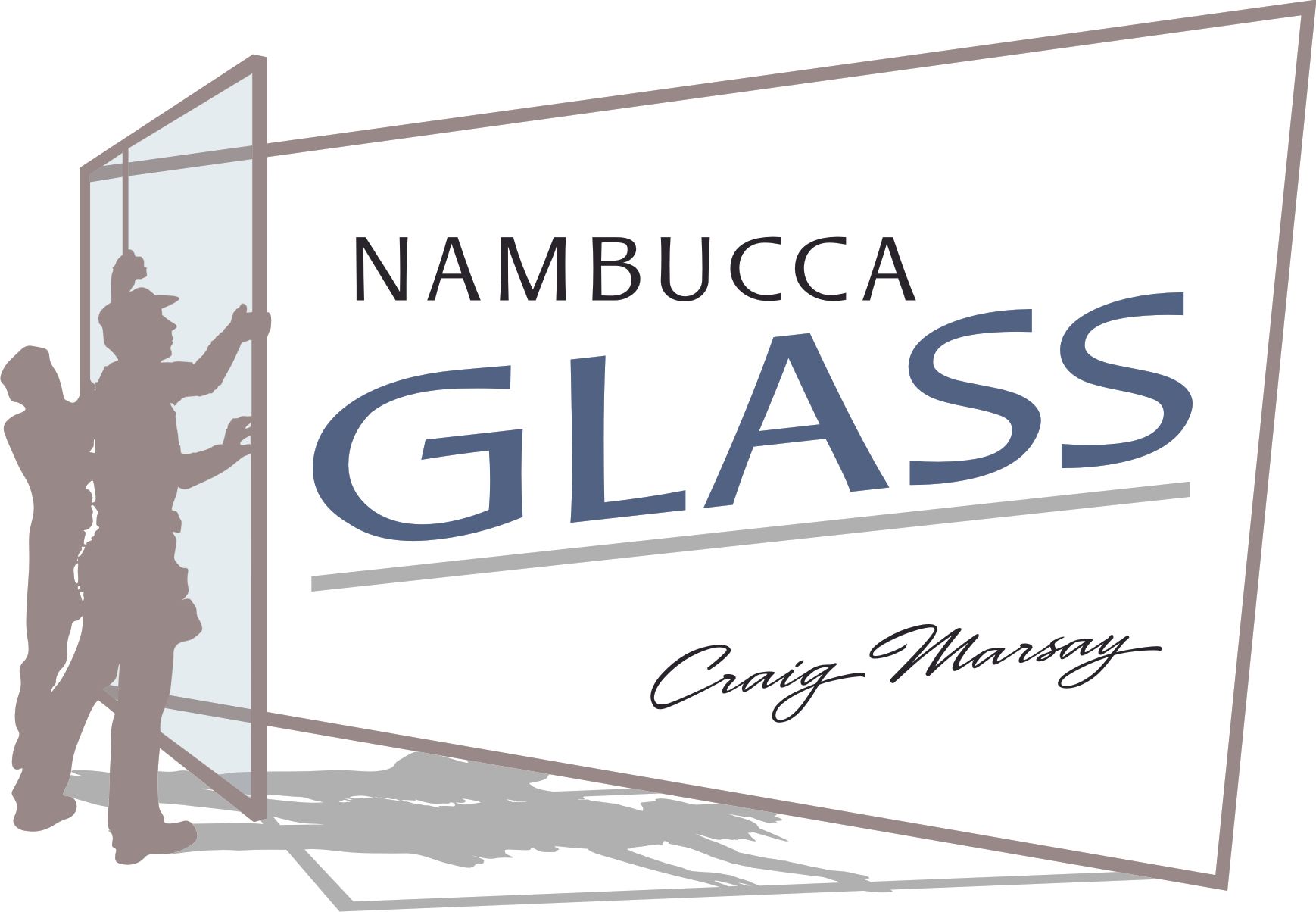 A Logo For Nambucca Glass With A Silhouette Of A Man Installing A Glass Door — Nambucca Glass in Nambucca Heads, NSW
