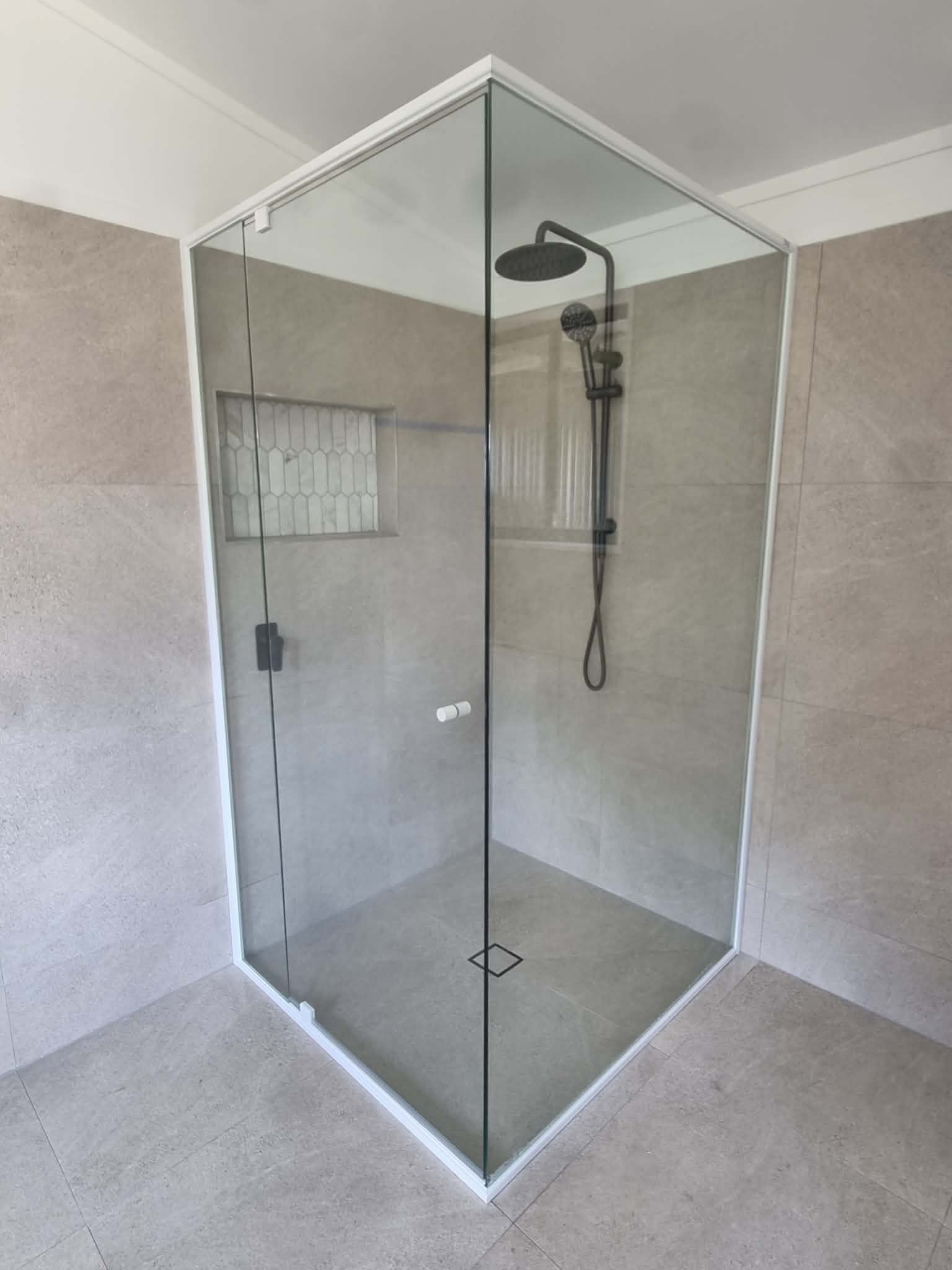 Glass Corner Shower Enclosure With Grey Walls — Nambucca Glass in Nambucca Heads, NSW