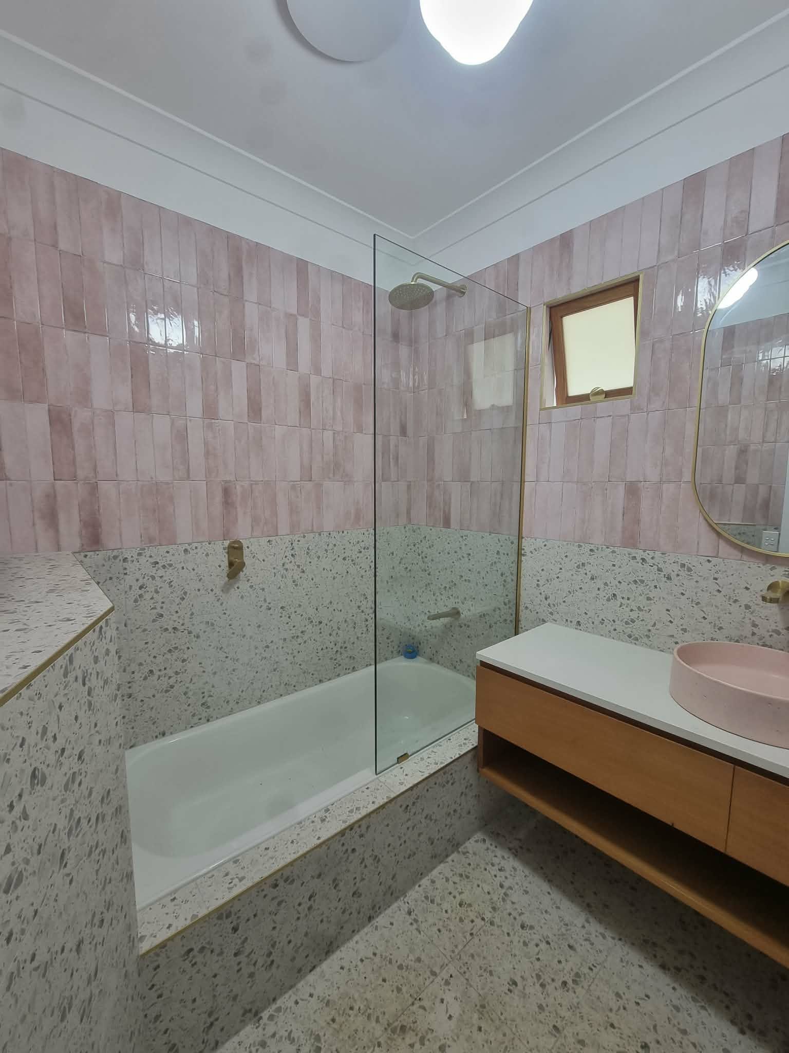 Bathroom with Tiled Walls, Glass Shower, Bathtub, and Vanity — Nambucca Glass in Nambucca Heads, NSW