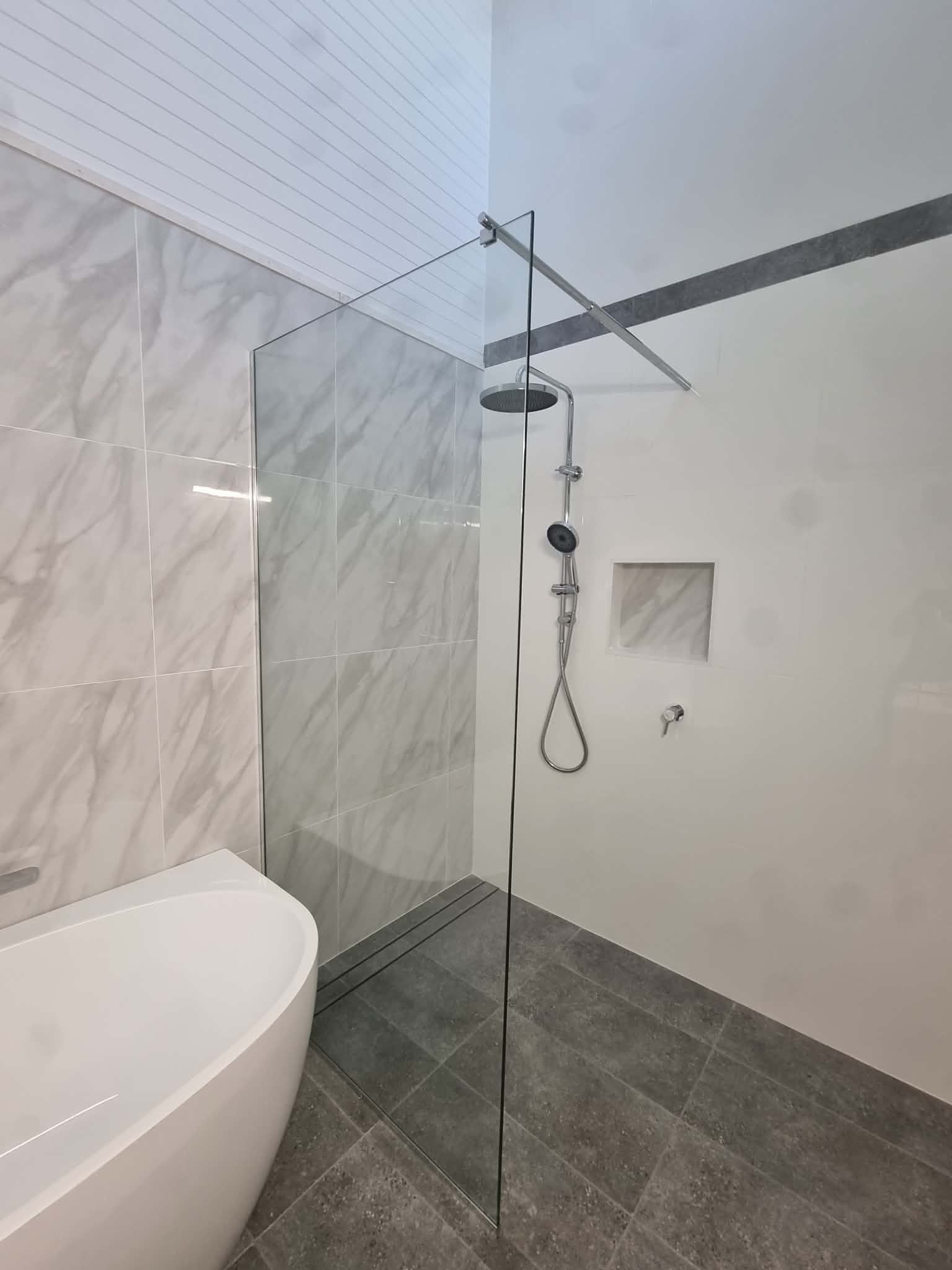 Modern Bathroom with Walk-In Shower,with Glass Partition — Nambucca Glass in Nambucca Heads, NSW