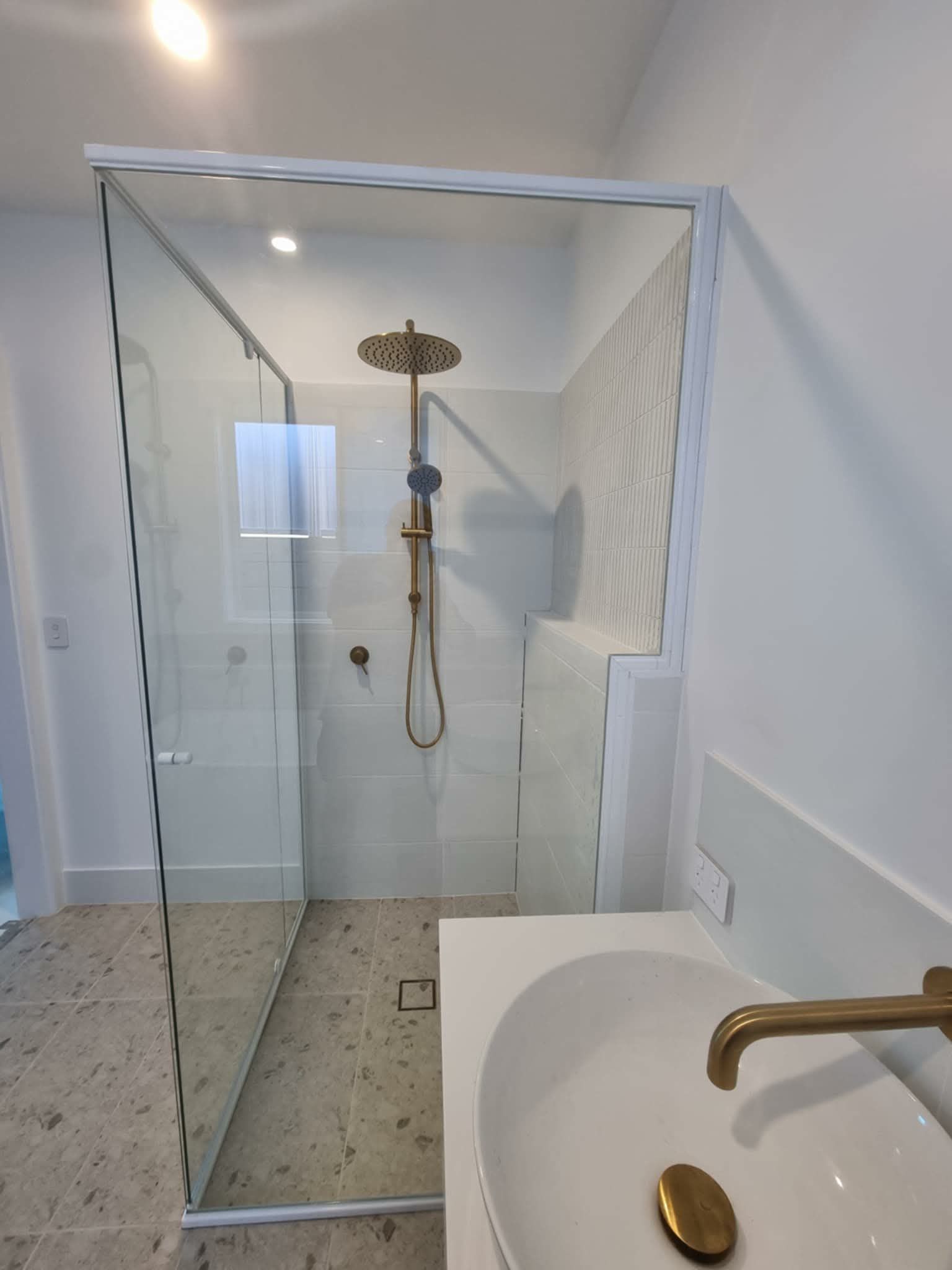 Glass Shower Enclosure With Rainfall Showerhead — Nambucca Glass in Nambucca Heads, NSW