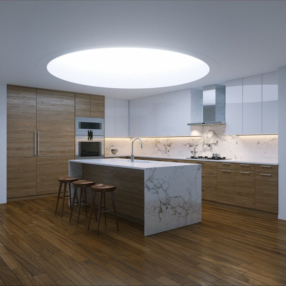 A Kitchen With A Large Island And Stools With Sun Tunnel Above — Nambucca Glass in Nambucca Heads, NSW