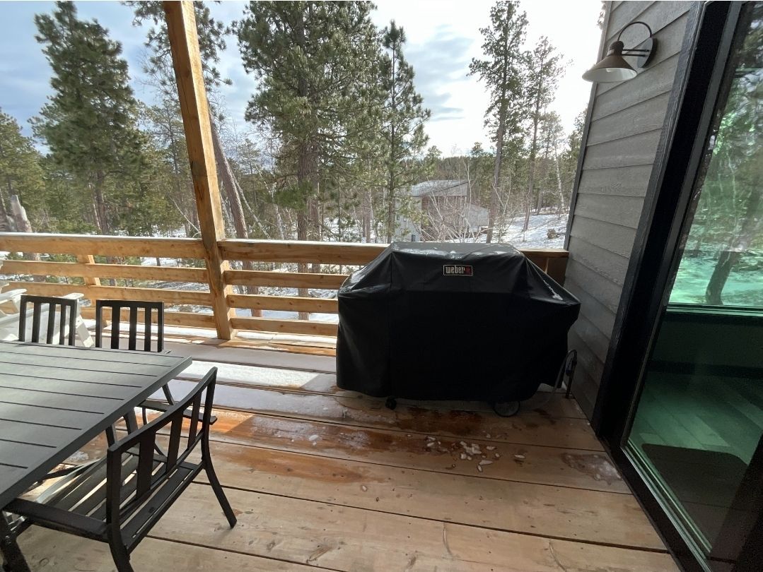 Deck with grill covered in black, table, chairs, and snow-covered trees in background.
