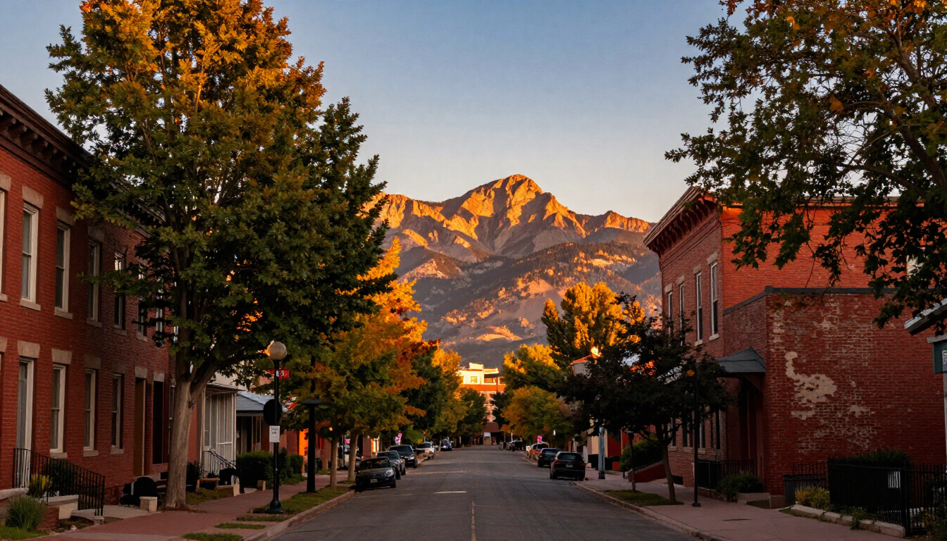 Denver neighborhood street with tree-lined sidewalk and red brick buildings