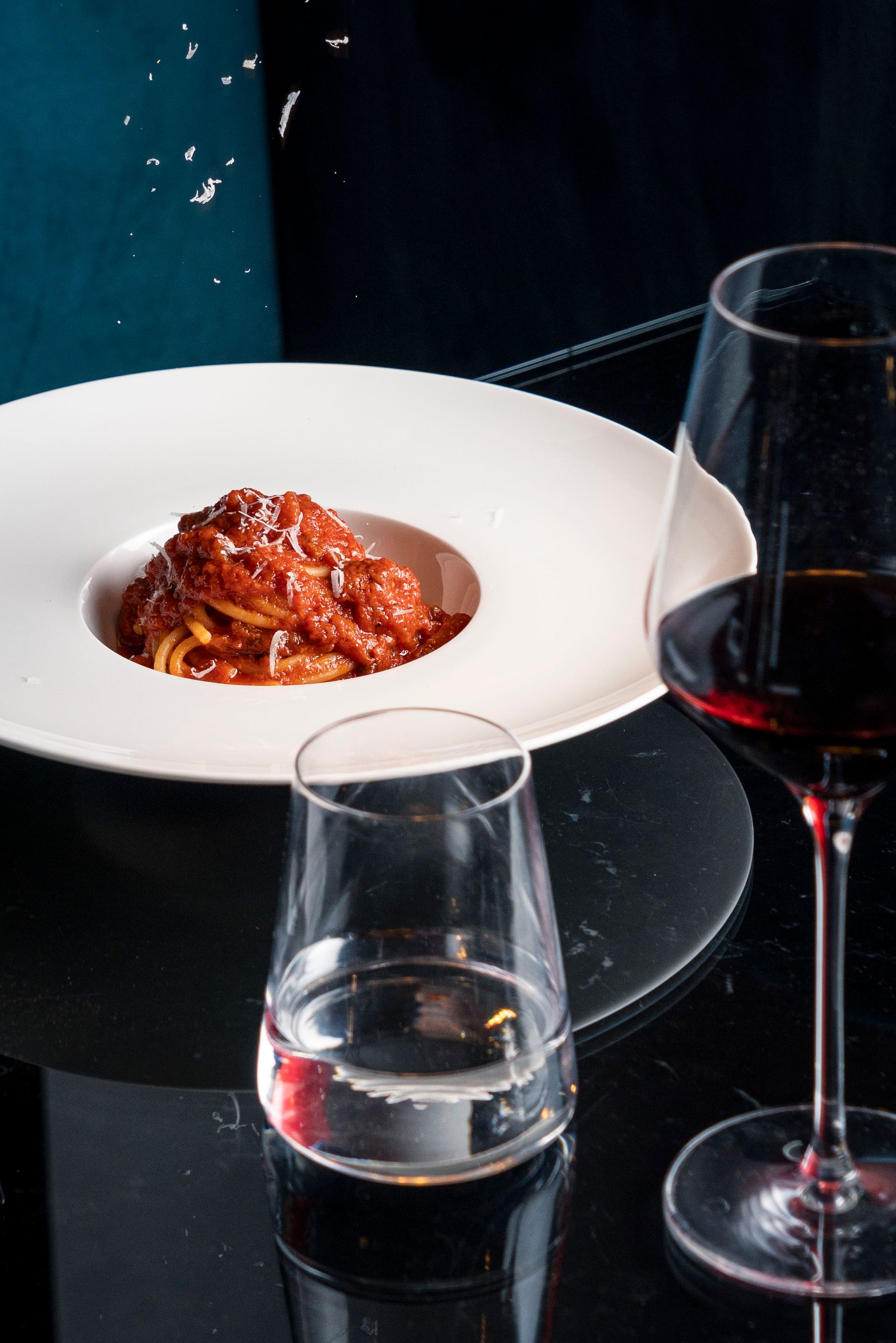 Traditional Amatriciana pasta from Roman cuisine-a classic dish with guanciale and pecorino cheese.