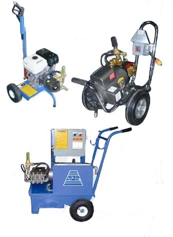 Three different types of pressure washers are shown on a white background.