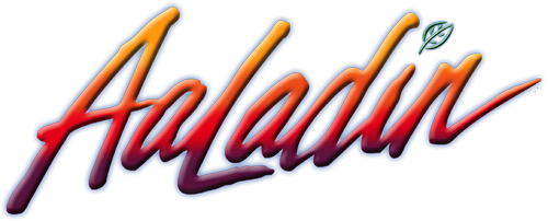 A close up of the word aladdin on a white background