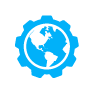 A blue gear with a globe inside of it.