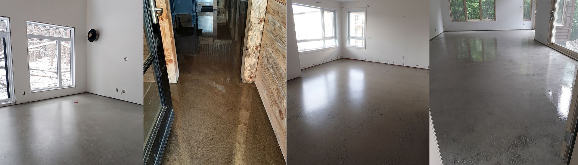 Un collage de trois photos d'une pièce avec un sol en béton.