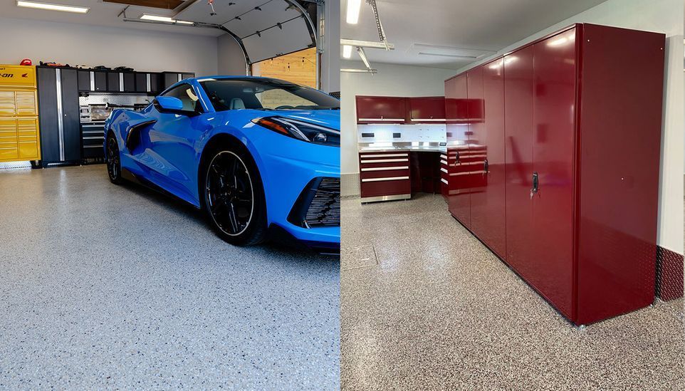A blue corvette is parked in a garage next to a red cabinet.