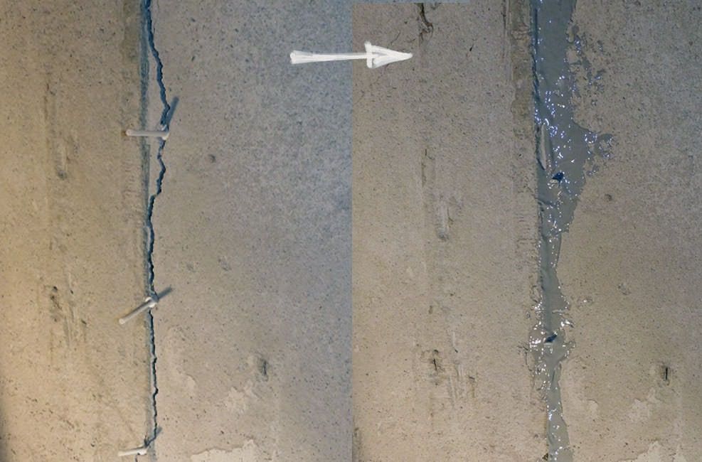 une dalle en béton est fissurée puis elle est réparée.