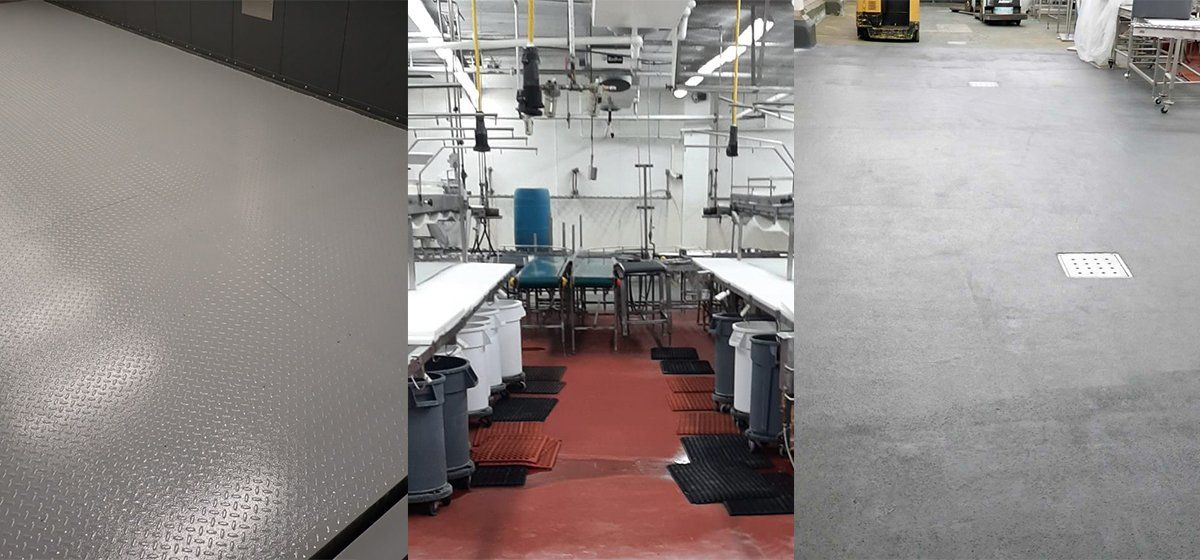 Trois vues d'un sol d'usine avec différents matériaux de revêtement : époxy, rouge et béton.