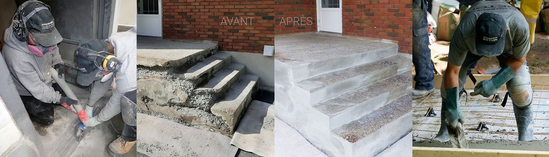 Un collage de quatre photos d'un homme travaillant sur des marches en béton
