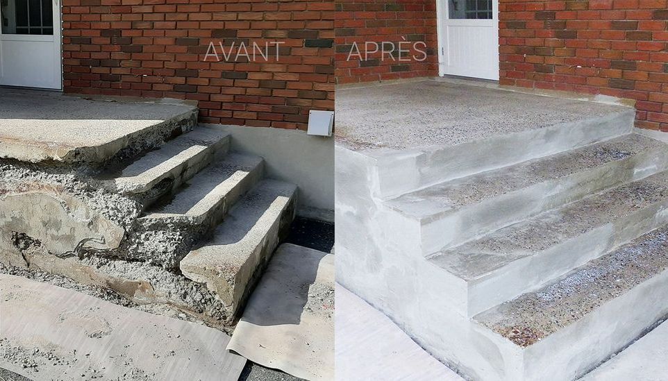 Une photo avant et après d'un porche en béton avec escalier.
