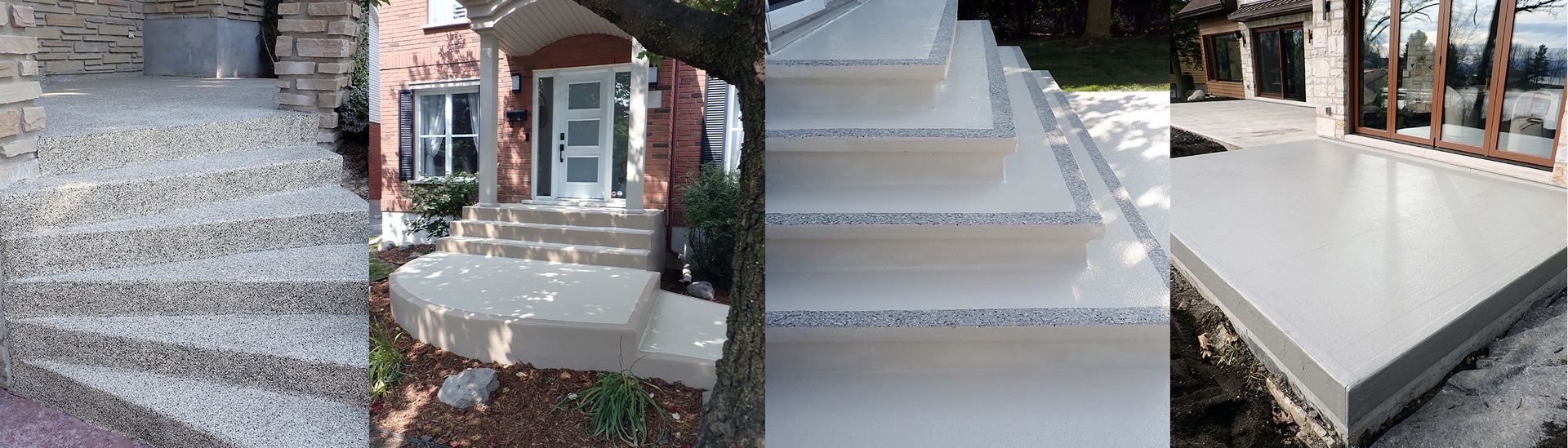 Un collage de quatre photos d'escaliers menant à une maison.