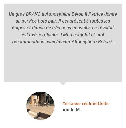 Un témoignage d'Annie M. montre une photo d'une terrasse