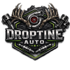 Droptine Auto logo with metallic text, antlers, turbo and engine graphic in black, gray, and red