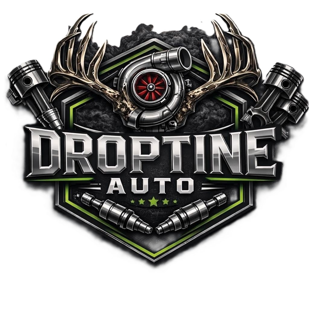 Droptine Auto logo with metallic text, antlers, turbo and engine graphic in black, gray, and red
