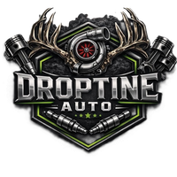 Droptine Auto logo with metallic text, antlers, turbo and engine graphic in black, gray, and red