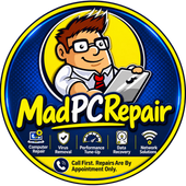 MadPCRepair logo featuring a cartoon technician with glasses holding a laptop, surrounded by a blue circular background and the slogan: 'Don't get Mad, Get MadPCRepair instead!'