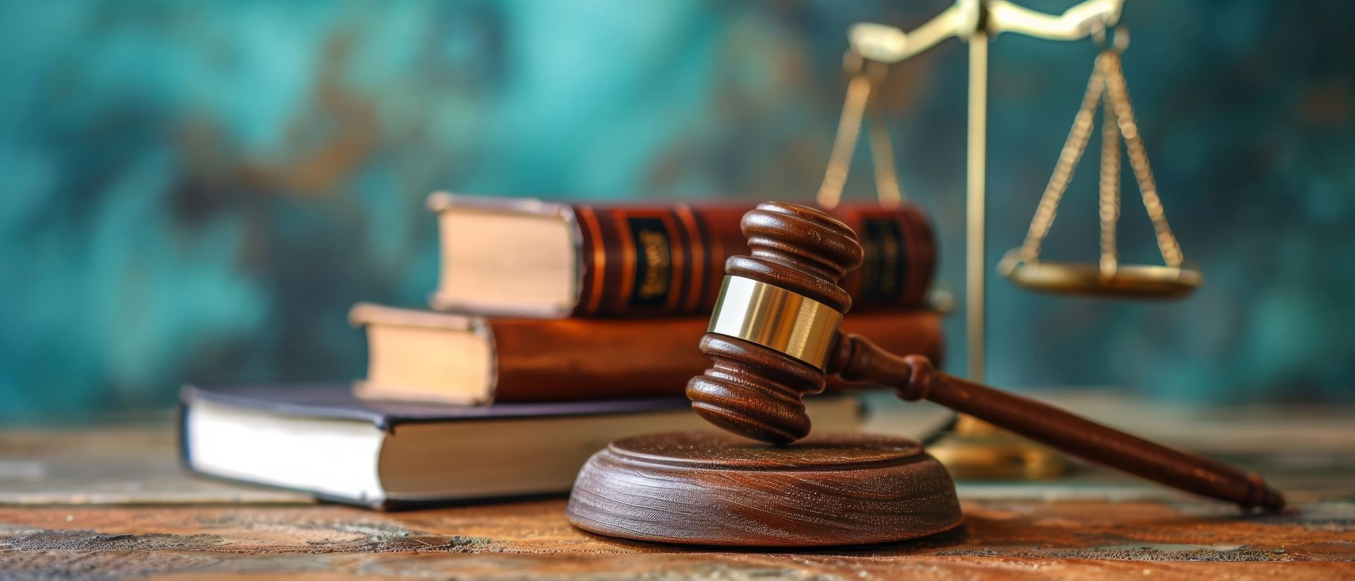 Gavel, books, and scales of justice on a wooden table, in front of a blue background.