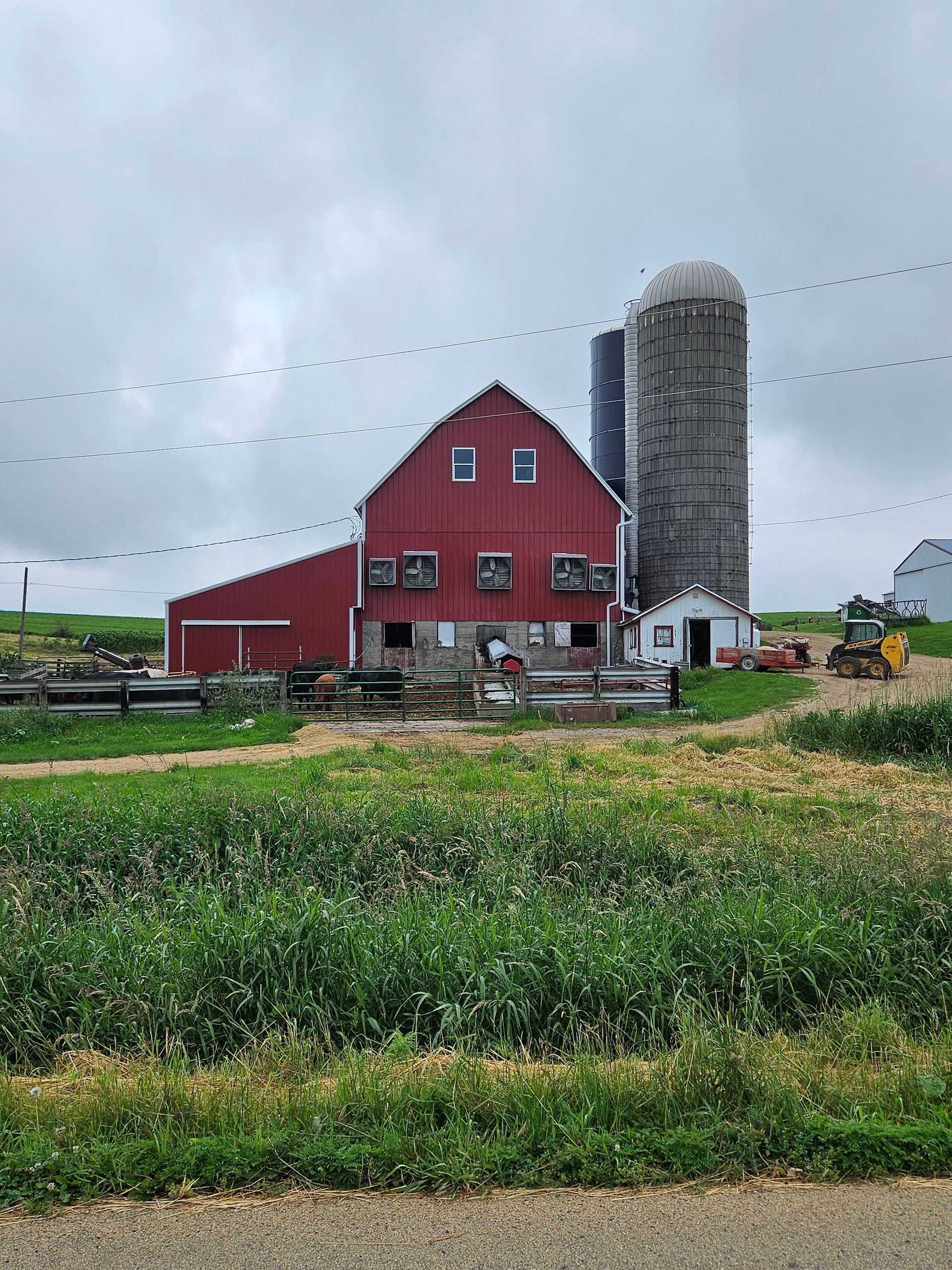 A red barn with the number 16 on it is in the middle of a grassy field.