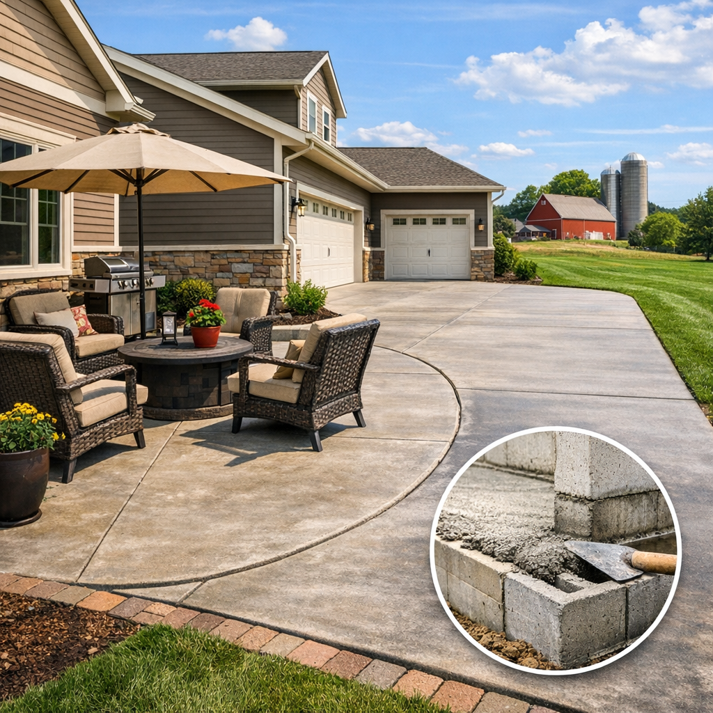 Concrete patio and driveway beside a Platteville-area home with visible foundation work details.