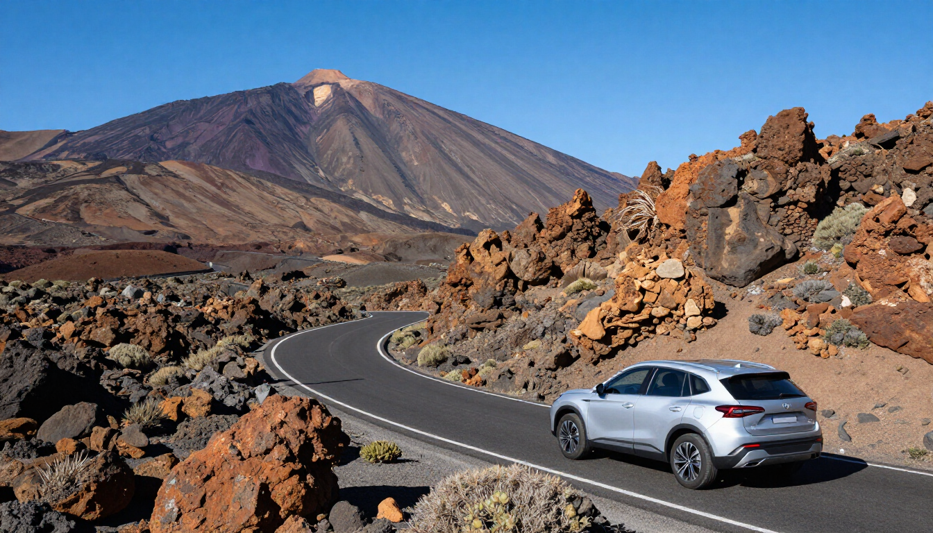 Scenic road trip view in Tenerife overlooking Mount Teide.
