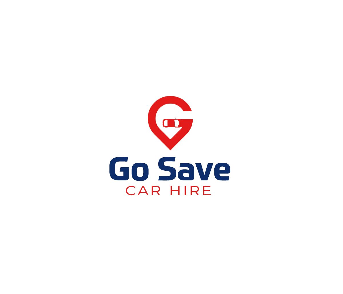 Logo for Go Save Car Hire, with a red location pin containing a car silhouette over the letter "G," and the words "Go Save CAR HIRE" in blue and red.
