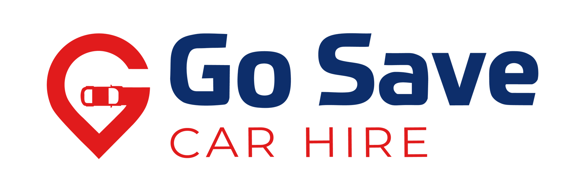 Logo for Go Save Car Hire, featuring a red location marker with a car icon and the company name in blue.