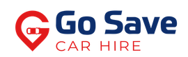 Logo for Go Save Car Hire, featuring a red location marker with a car icon and the company name in blue.