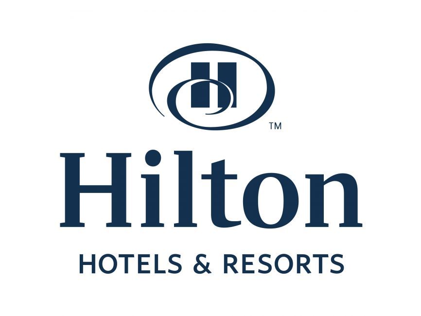 Hilton Hotels & Resorts logo: blue text and symbol on white background.