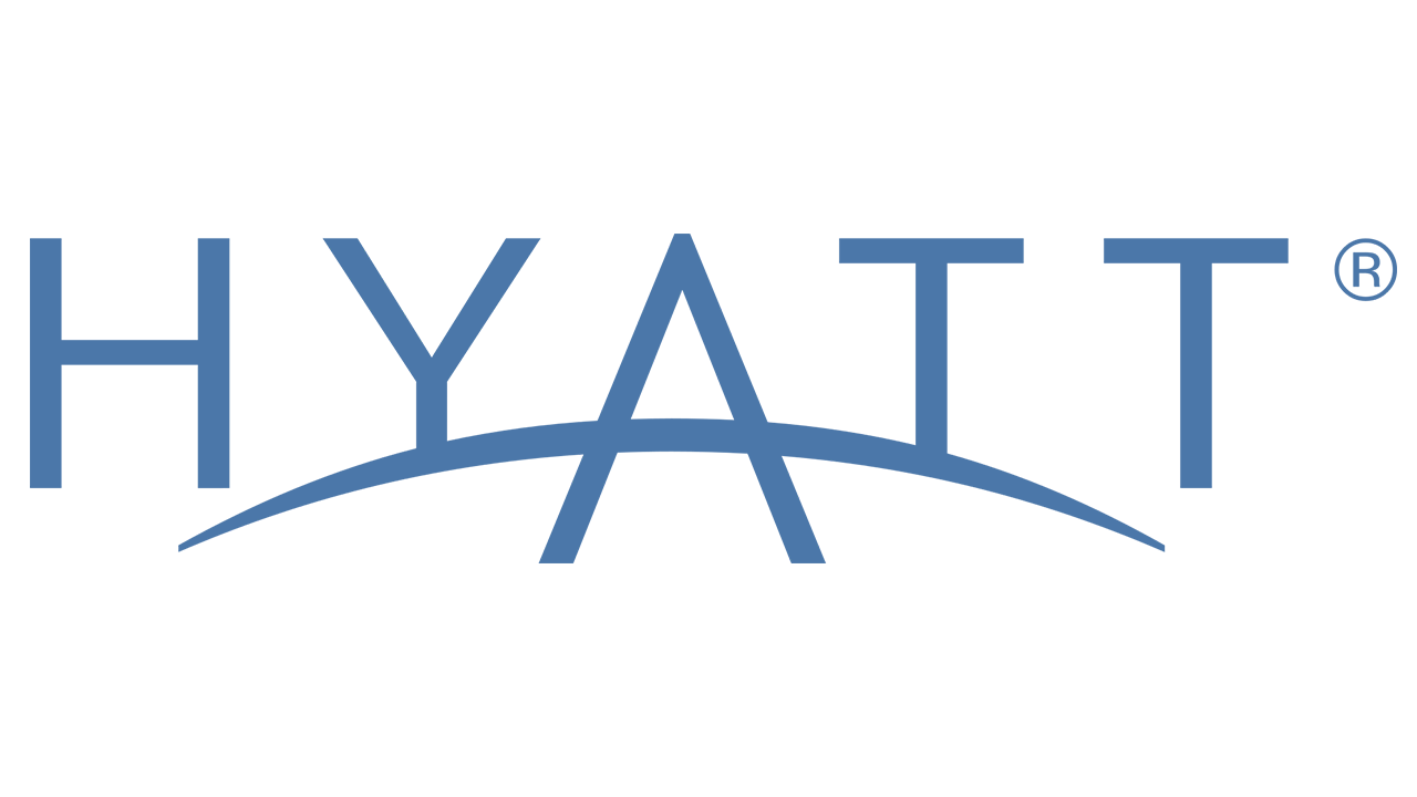 Hyatt logo with blue text and a curved line beneath it.
