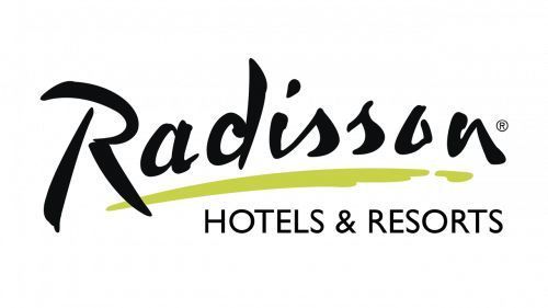 Radisson Hotels & Resorts logo with stylized black script, a green line, and text.