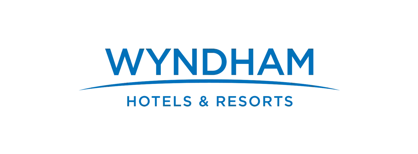 Wyndham Hotels & Resorts logo in blue, with curved line below text on white background.