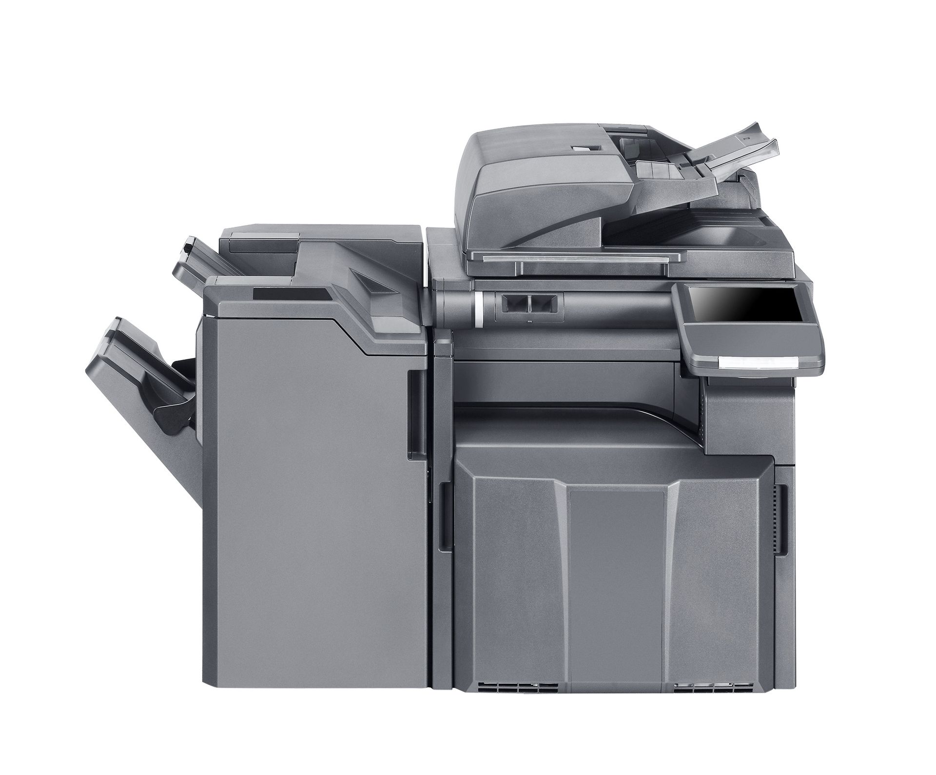 Gray office photocopier with paper trays and document feeder, side view