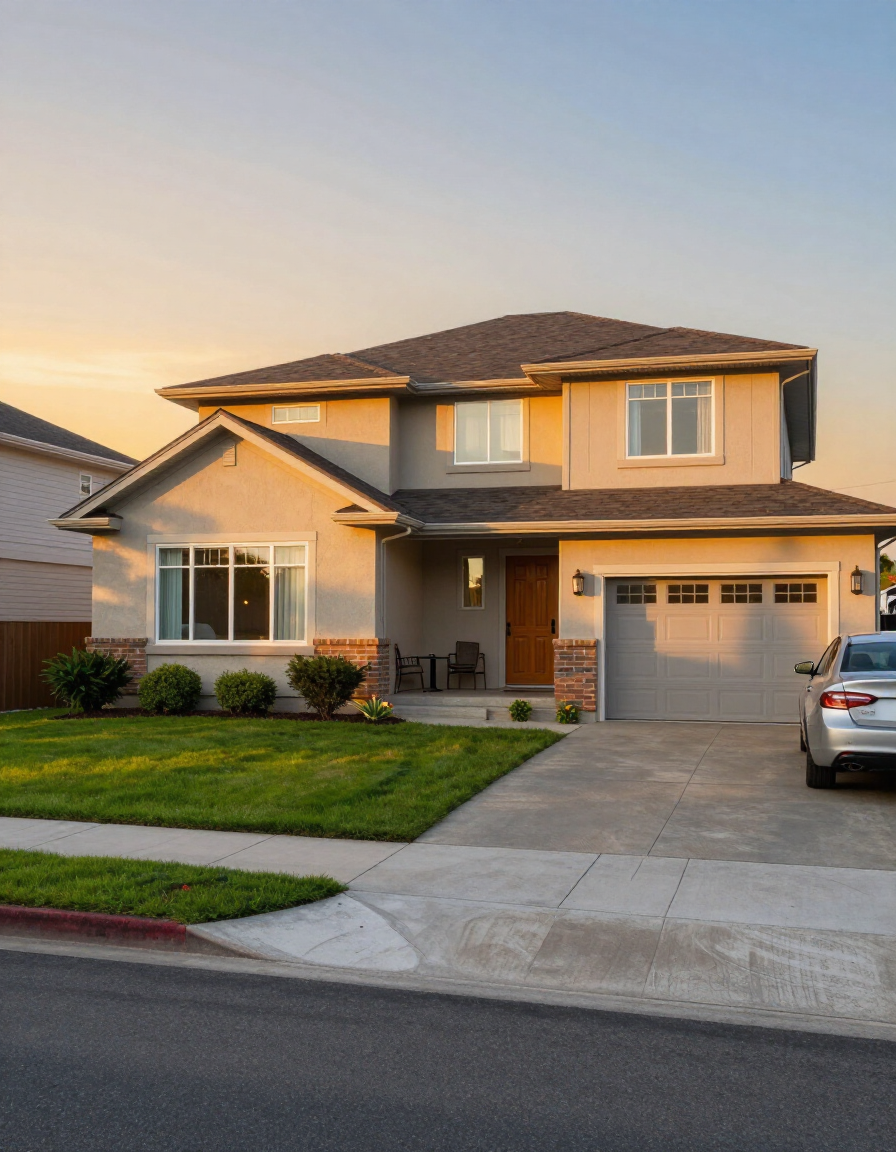 Well-maintained suburban residential property exterior in warm evening light