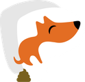 Orange dog with closed eyes jumping over a brown pile on a light gray background