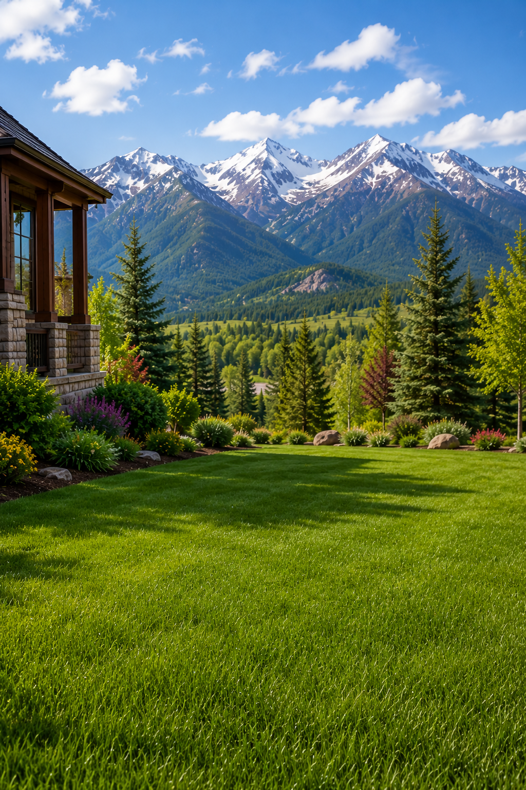 Sunny mountain garden with green lawn, colorful flowers, pine trees, and snow-capped peaks under a blue sky