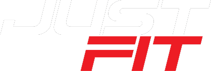 The logo for just fit is red and white on a white background.3