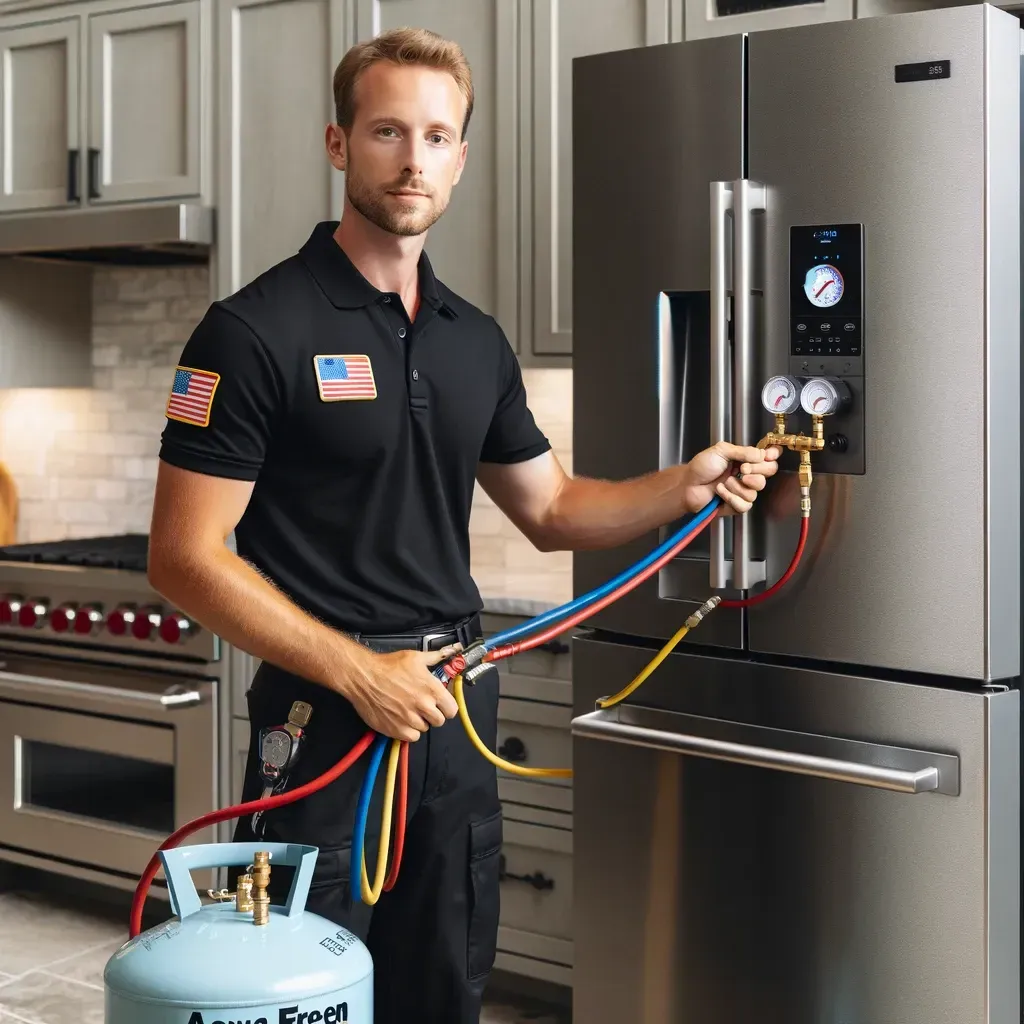 Technician connecting hoses to a stainless steel refrigerator in a kitchen, next to a gas cylinder.